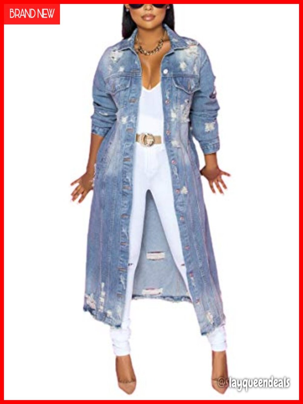 Long Denim Trench Coat Ripped Distressed Maxi Button Front